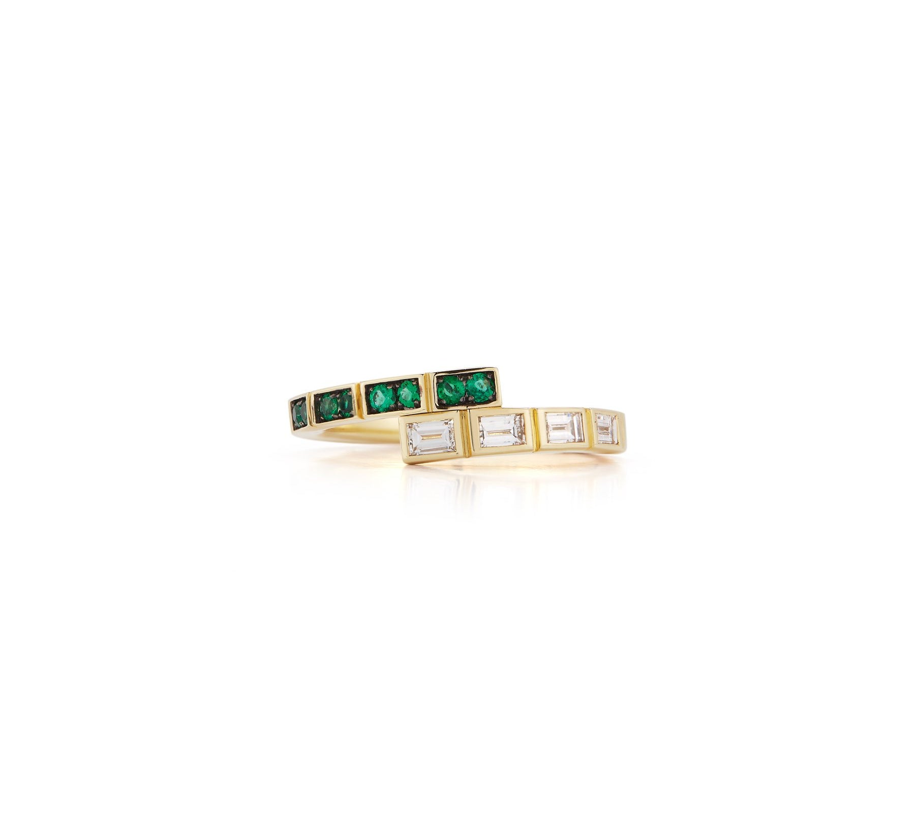 Modern Deco Diamond Baguette and Emerald Ring