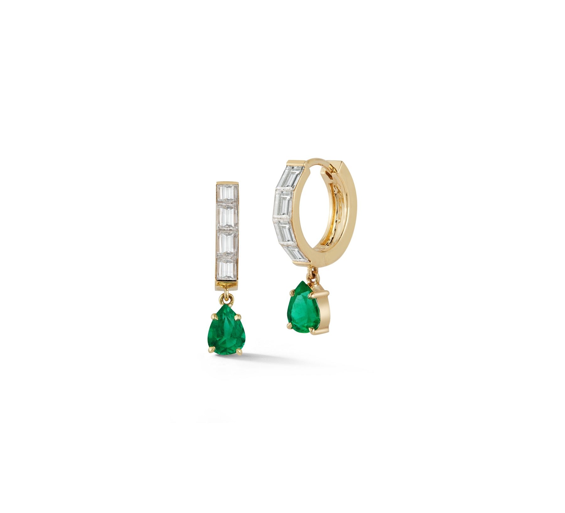 Prive Baguette Diamond and Emerald Huggies