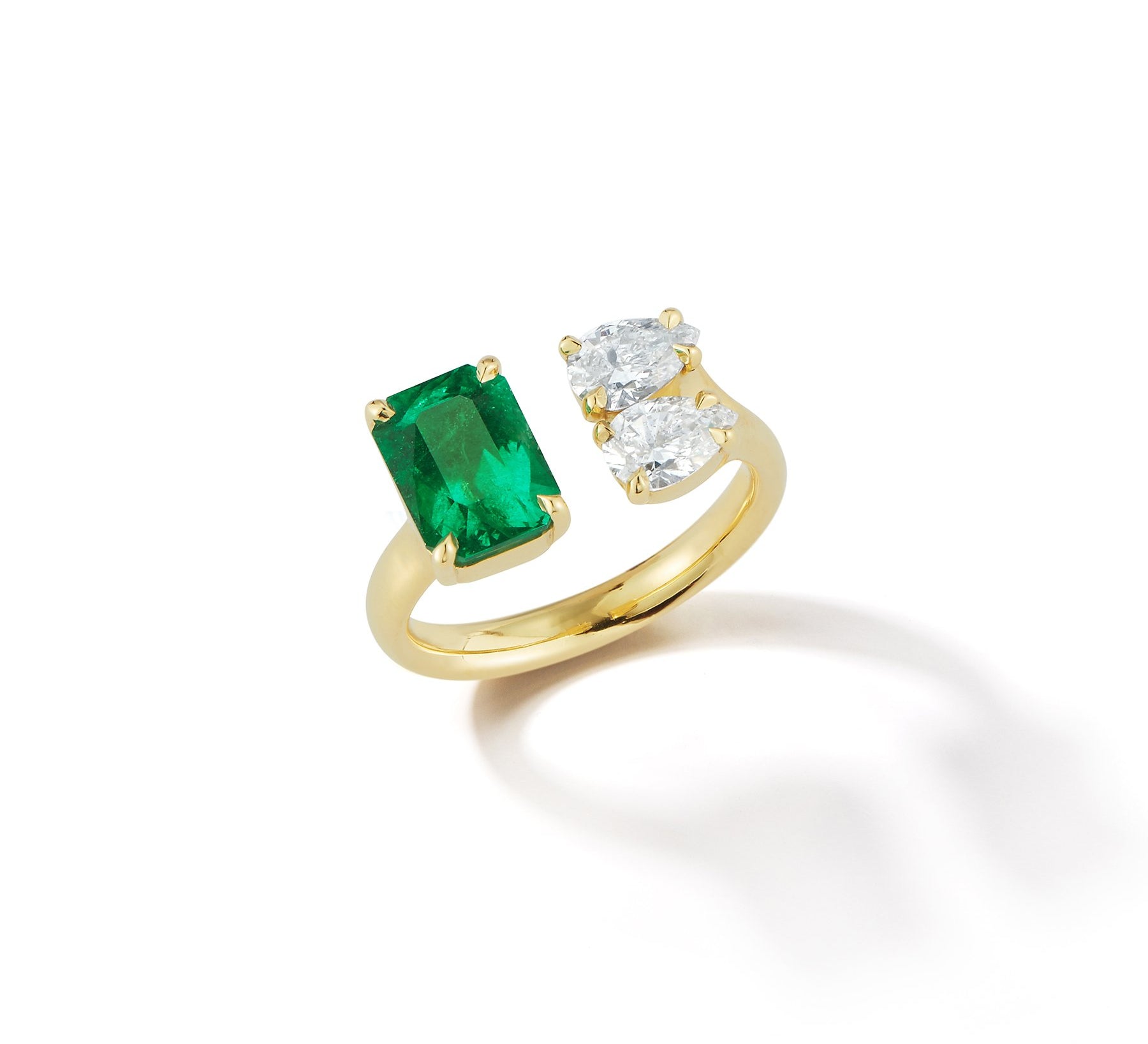 Prive Emerald and Double Diamond Pear Open Ring