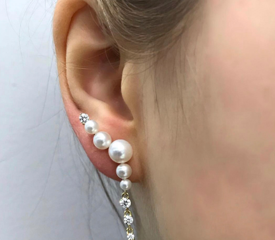 Prive Pearl Ear Climber Diamond Drops
